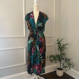 Tropical Print Midi Wrap Dress Swimsuit Coverup